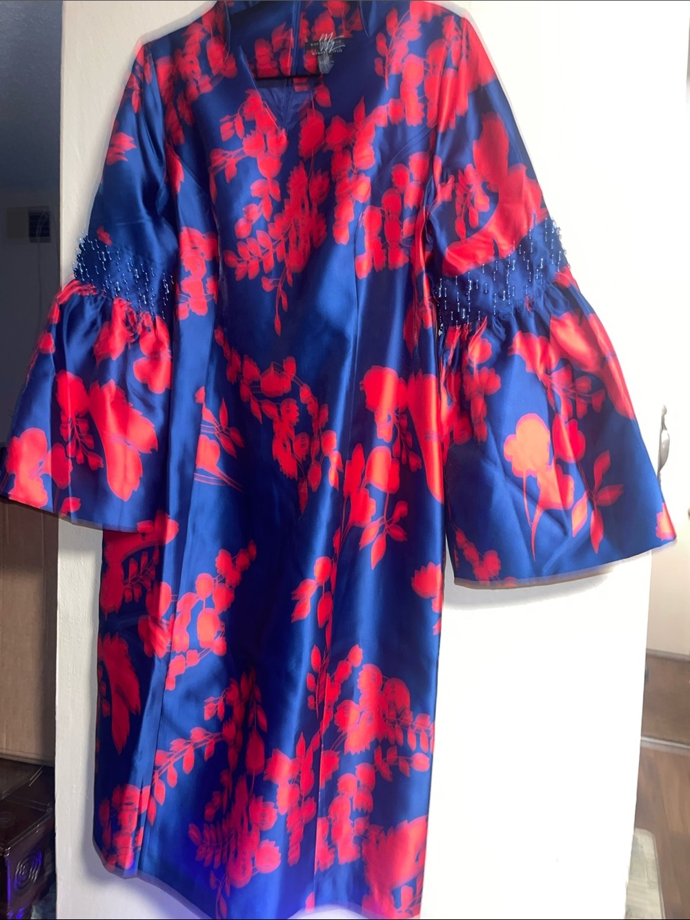 Midnight Velvet Blue Satin Dress with Red Floral Print